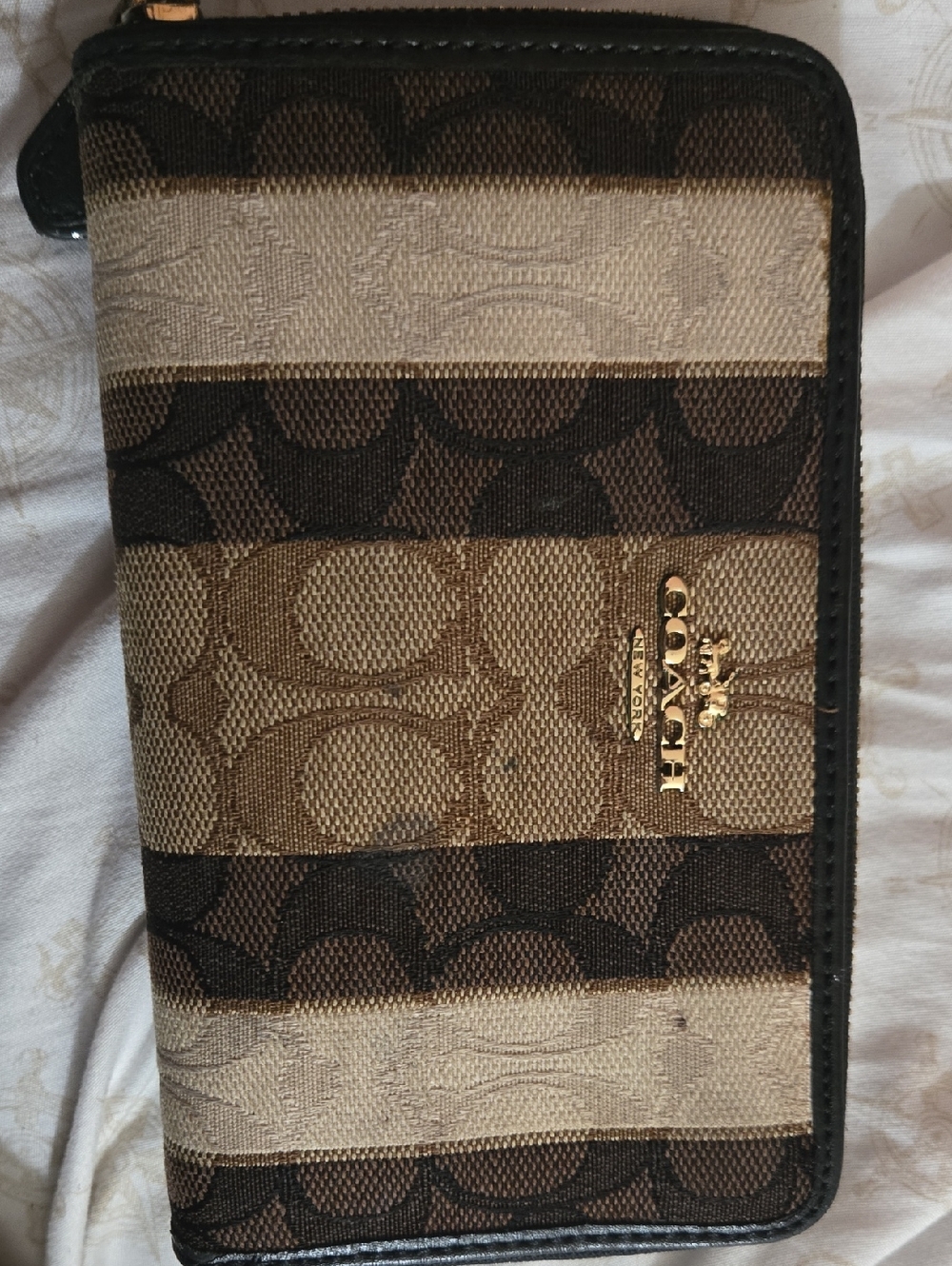 Coach Brown and Tan Striped Signature Zip Wallet